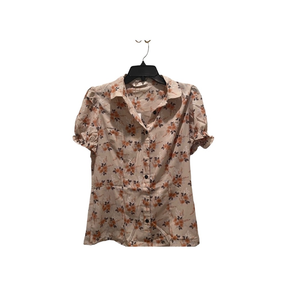Belle Pogue Women’s Beige Floral Print Button-up Blouse Size Medium NWT